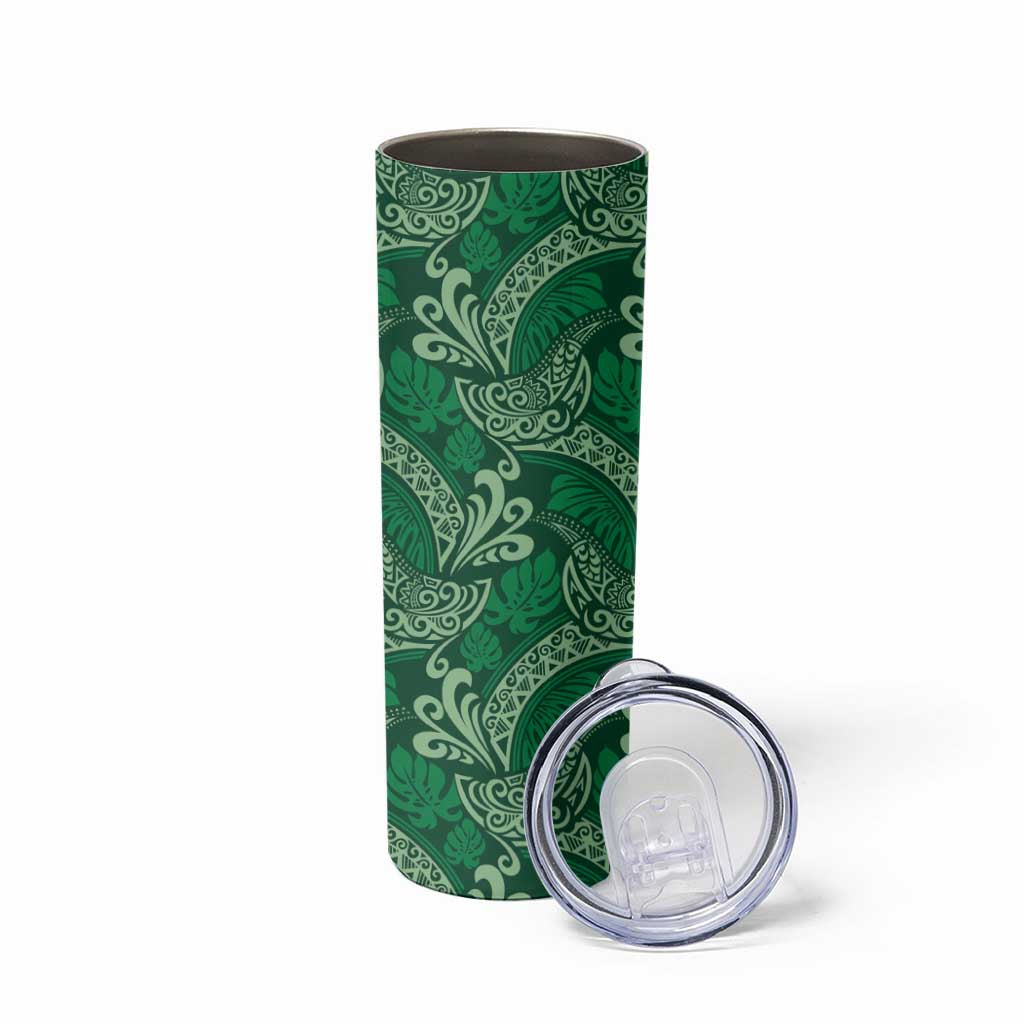 Forest Green Monstera Skinny Tumbler Polynesian Tribal Pattern - Polynesian Pride