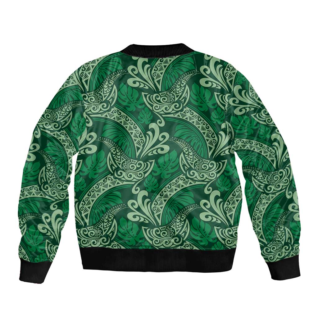 Forest Green Monstera Sleeve Zip Bomber Jacket Polynesian Tribal Pattern - Polynesian Pride