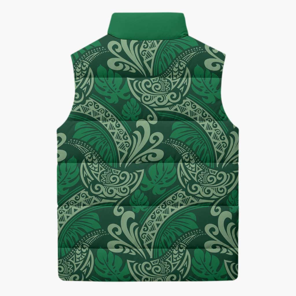 Forest Green Monstera Sleeveless Puffer Jacket Polynesian Tribal Pattern - Polynesian Pride