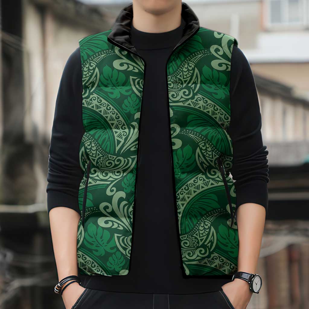 Forest Green Monstera Sleeveless Puffer Jacket Polynesian Tribal Pattern - Polynesian Pride