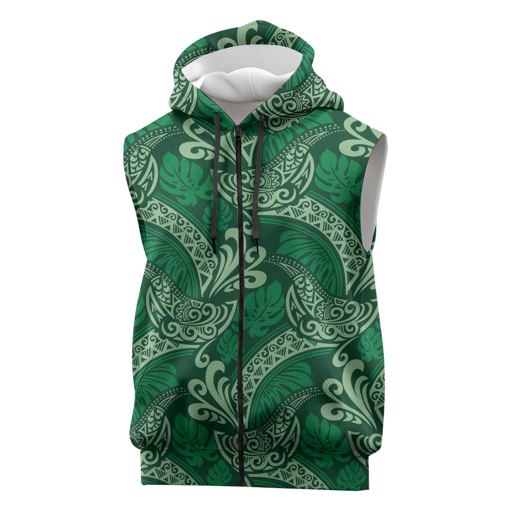 Forest Green Monstera Sleeveless Zip Hoodie Polynesian Tribal Pattern - Polynesian Pride
