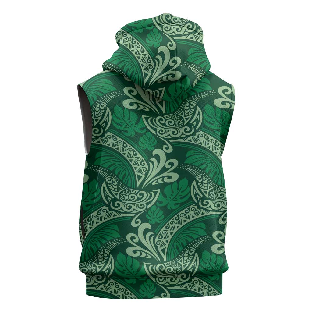 Forest Green Monstera Sleeveless Zip Hoodie Polynesian Tribal Pattern - Polynesian Pride