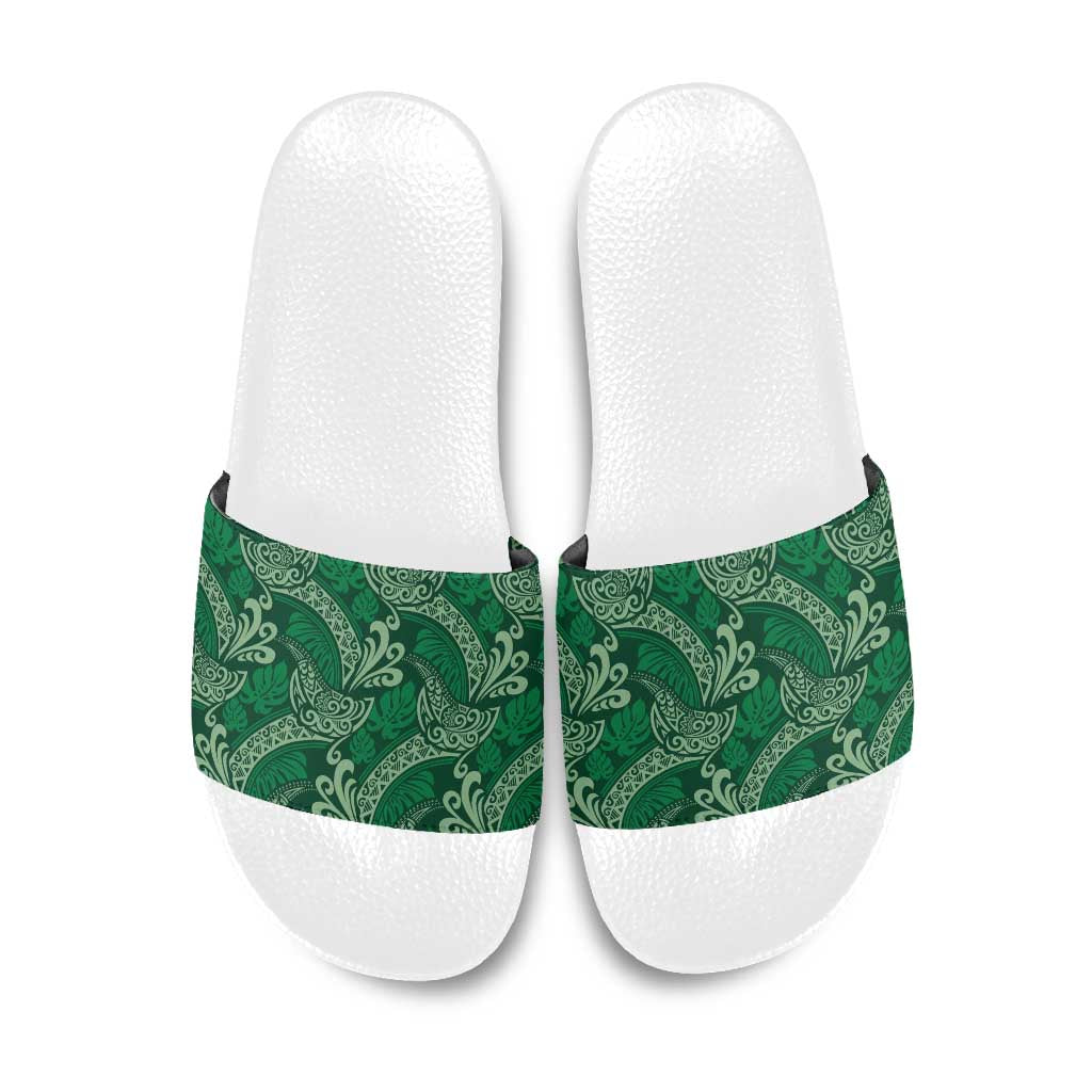 Forest Green Monstera Slide Sandals Polynesian Tribal Pattern - Polynesian Pride