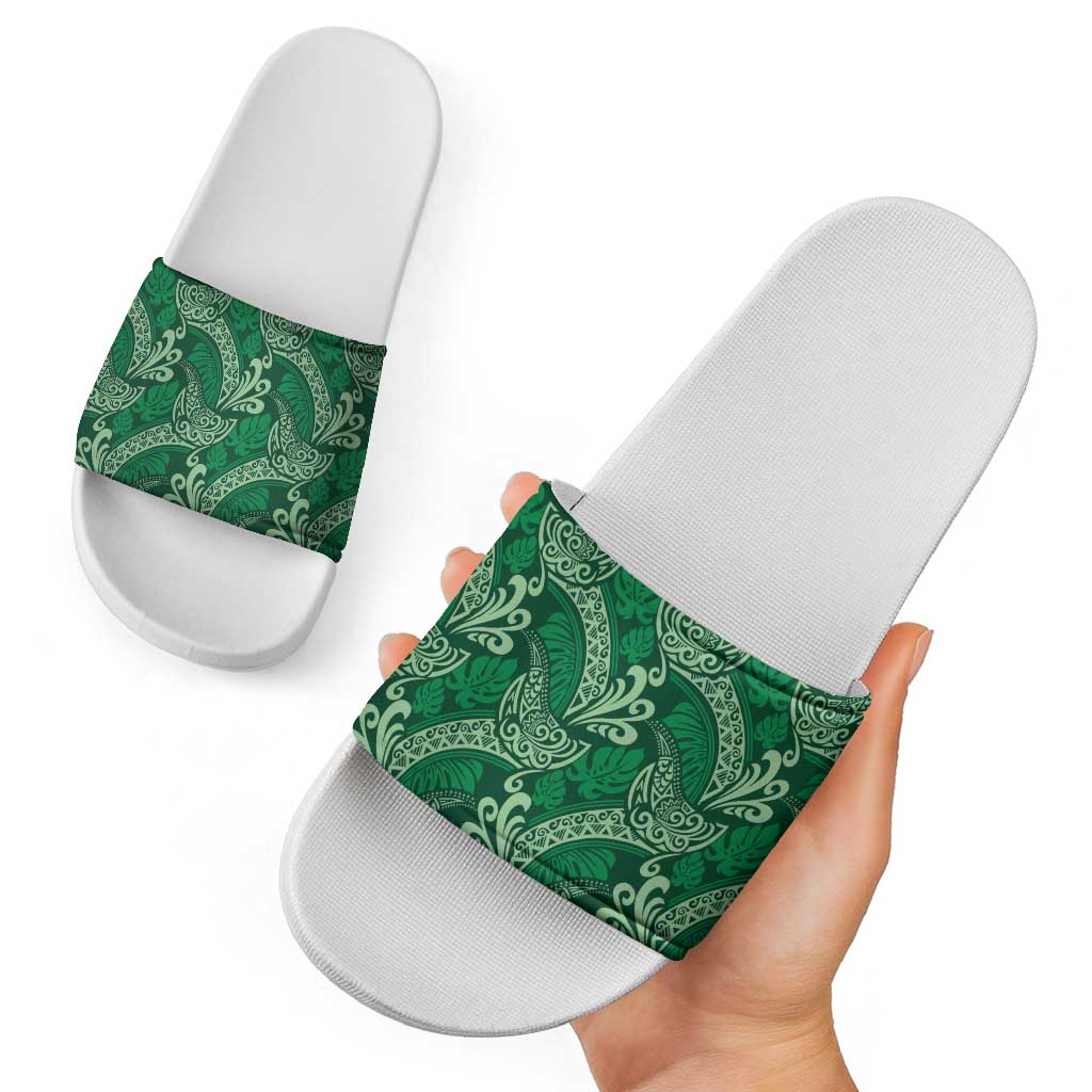 Forest Green Monstera Slide Sandals Polynesian Tribal Pattern - Polynesian Pride