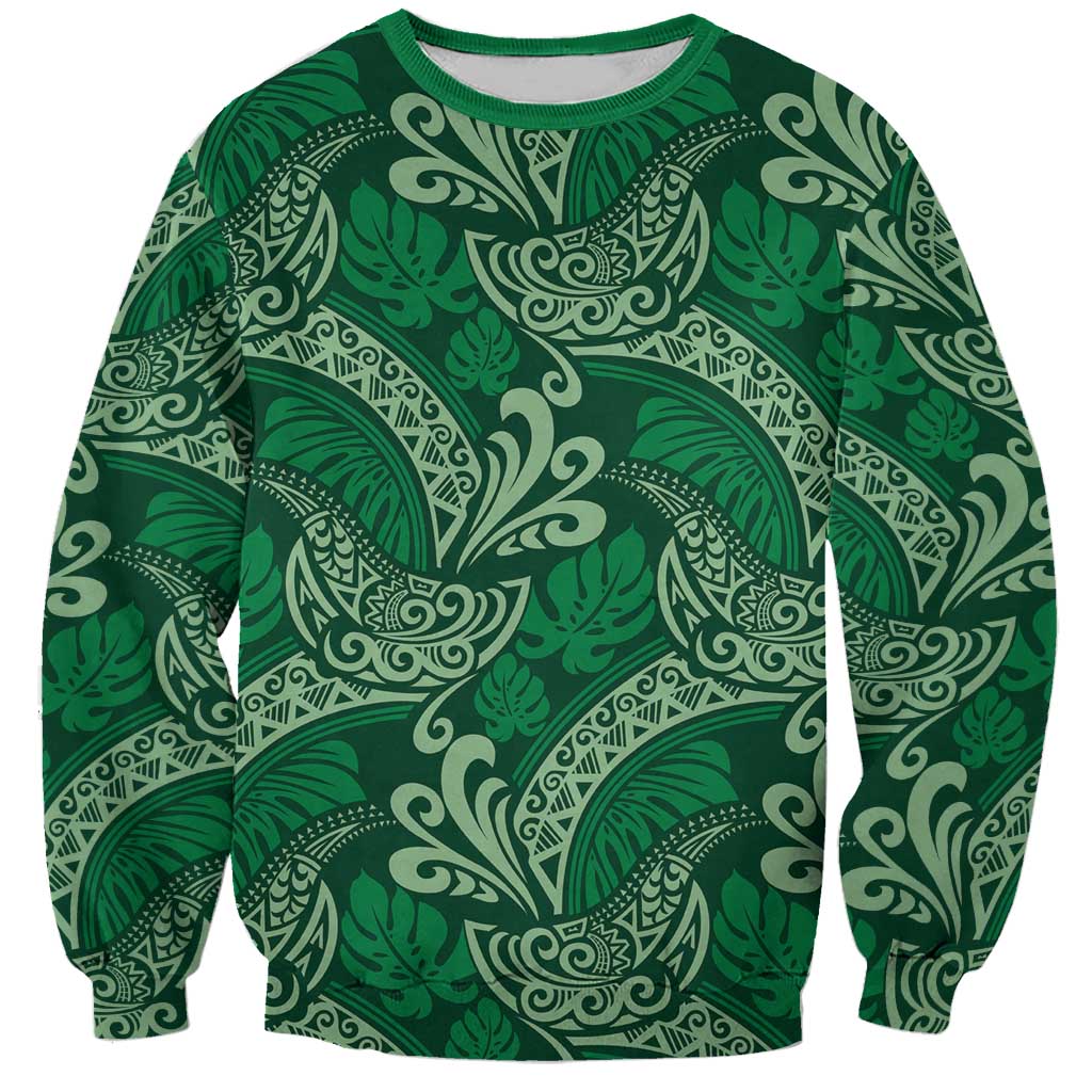 Forest Green Monstera Sweatshirt Polynesian Tribal Pattern - Polynesian Pride