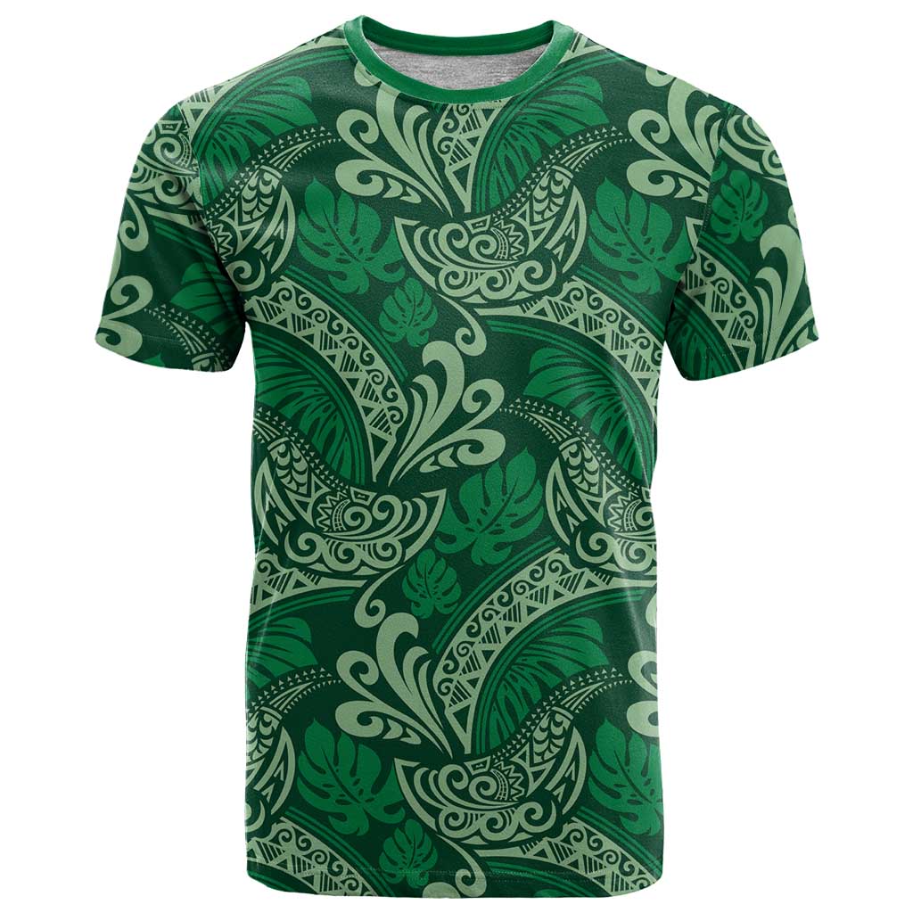 Forest Green Monstera T Shirt Polynesian Tribal Pattern - Polynesian Pride