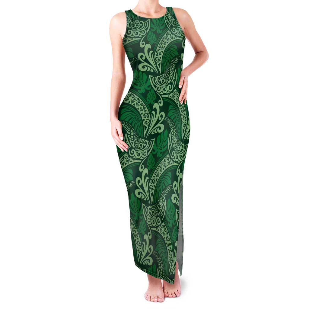 Forest Green Monstera Tank Maxi Dress Polynesian Tribal Pattern - Polynesian Pride