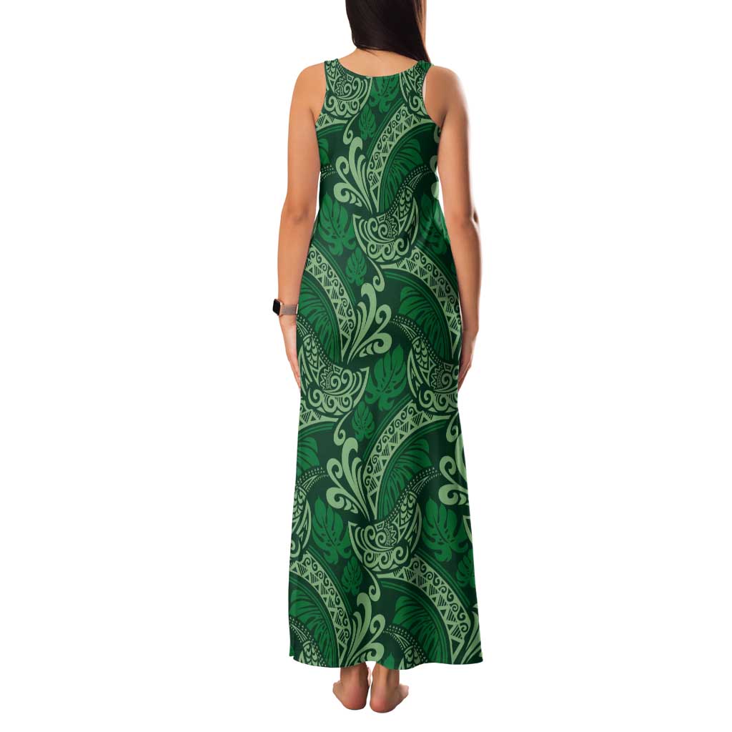 Forest Green Monstera Tank Maxi Dress Polynesian Tribal Pattern - Polynesian Pride