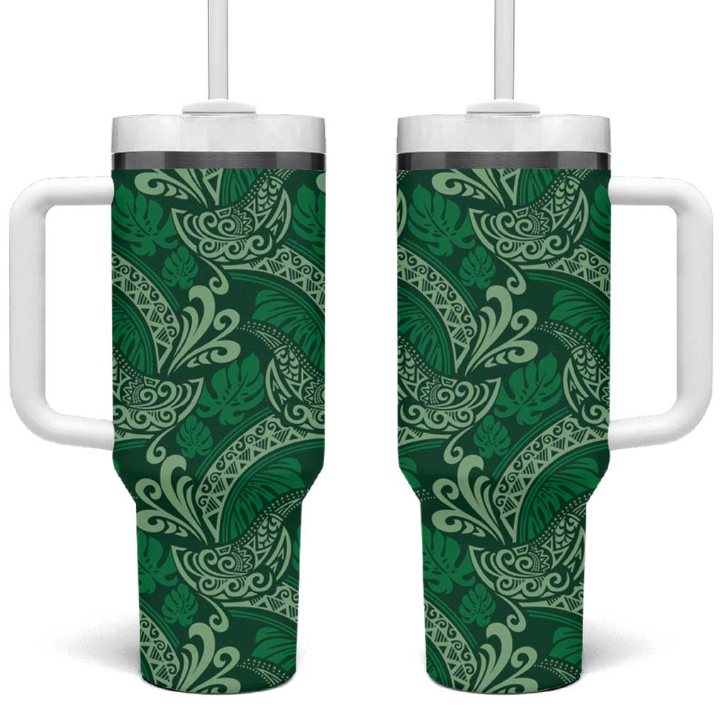 Forest Green Monstera Tumbler With Handle Polynesian Tribal Pattern - Polynesian Pride
