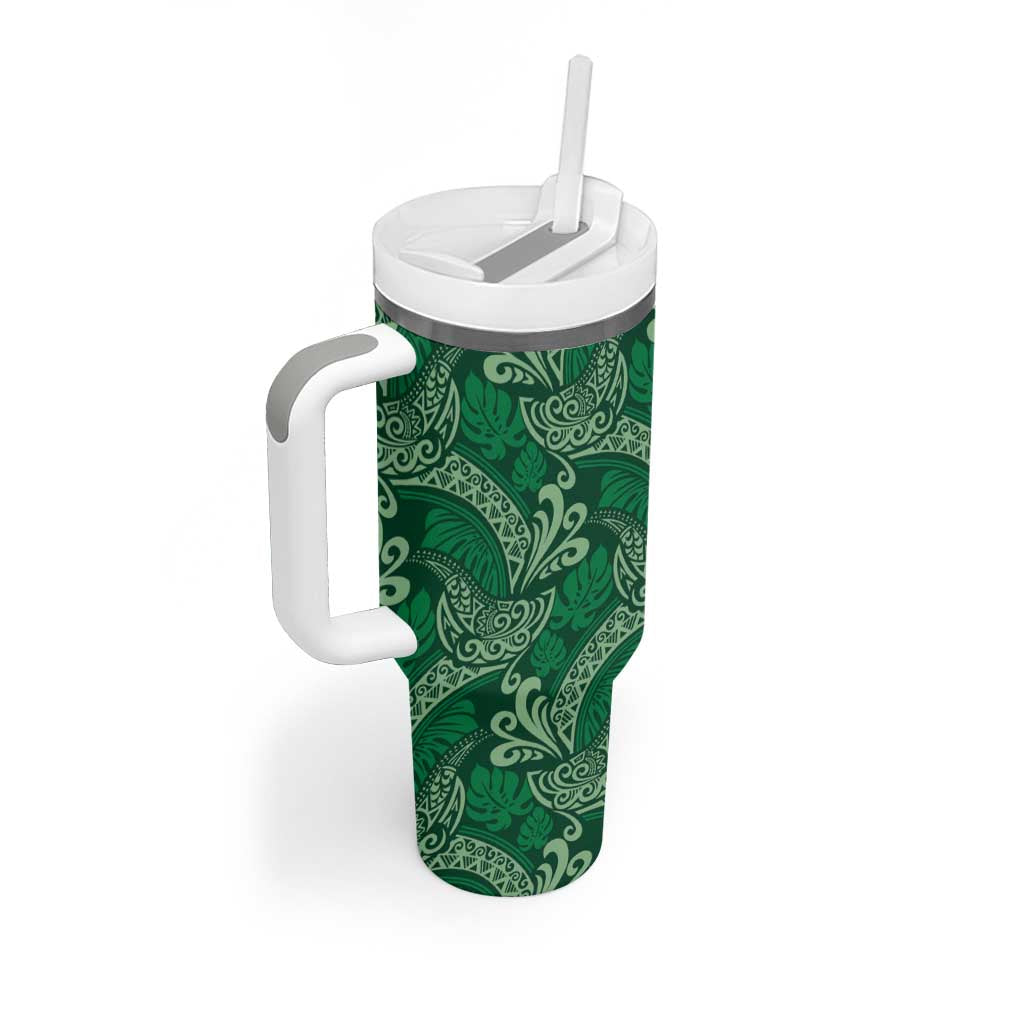 Forest Green Monstera Tumbler With Handle Polynesian Tribal Pattern - Polynesian Pride