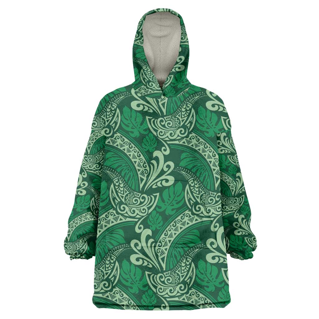 Forest Green Monstera Wearable Blanket Hoodie Polynesian Tribal Pattern - Polynesian Pride