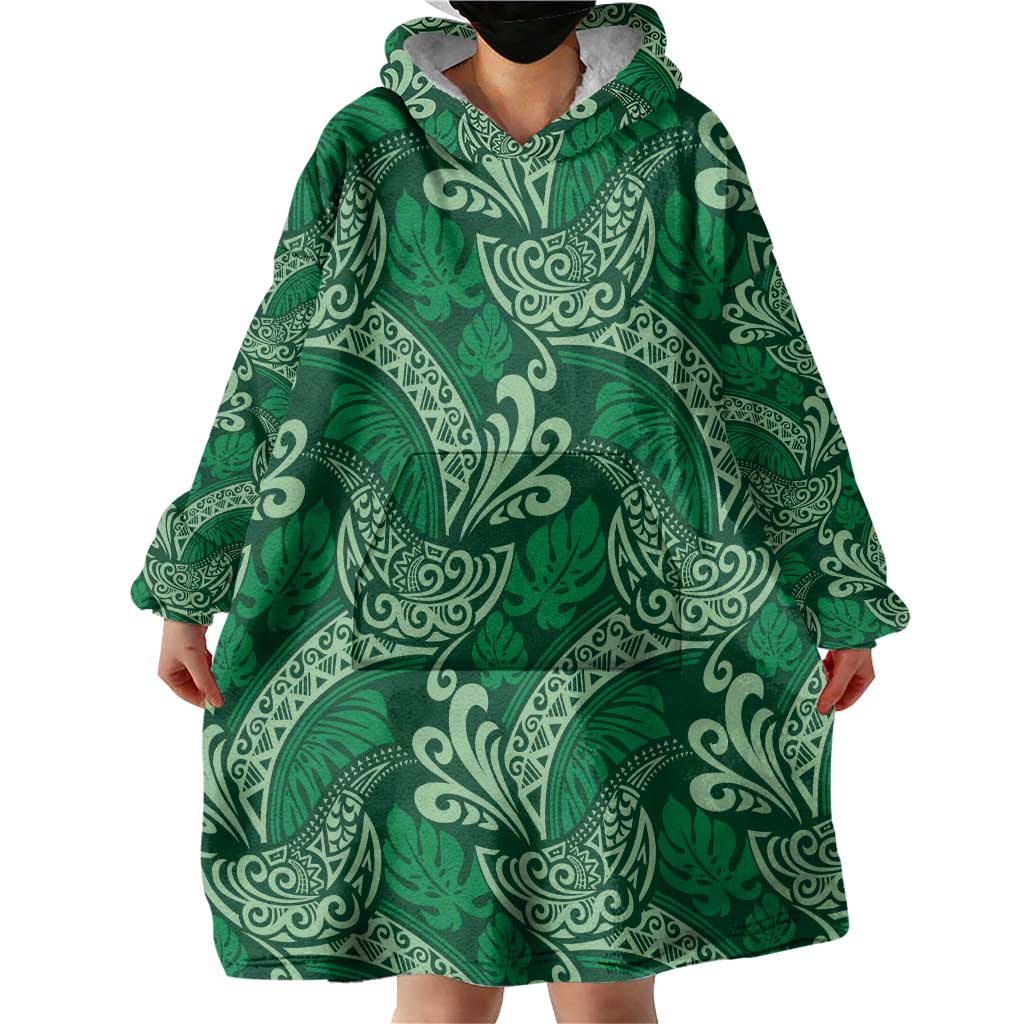 Forest Green Monstera Wearable Blanket Hoodie Polynesian Tribal Pattern - Polynesian Pride