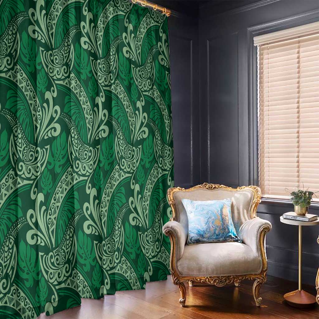 Forest Green Monstera Window Curtain Polynesian Tribal Pattern - Polynesian Pride