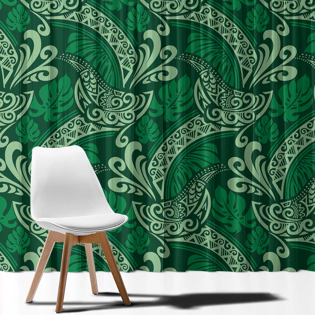 Forest Green Monstera Window Curtain Polynesian Tribal Pattern - Polynesian Pride