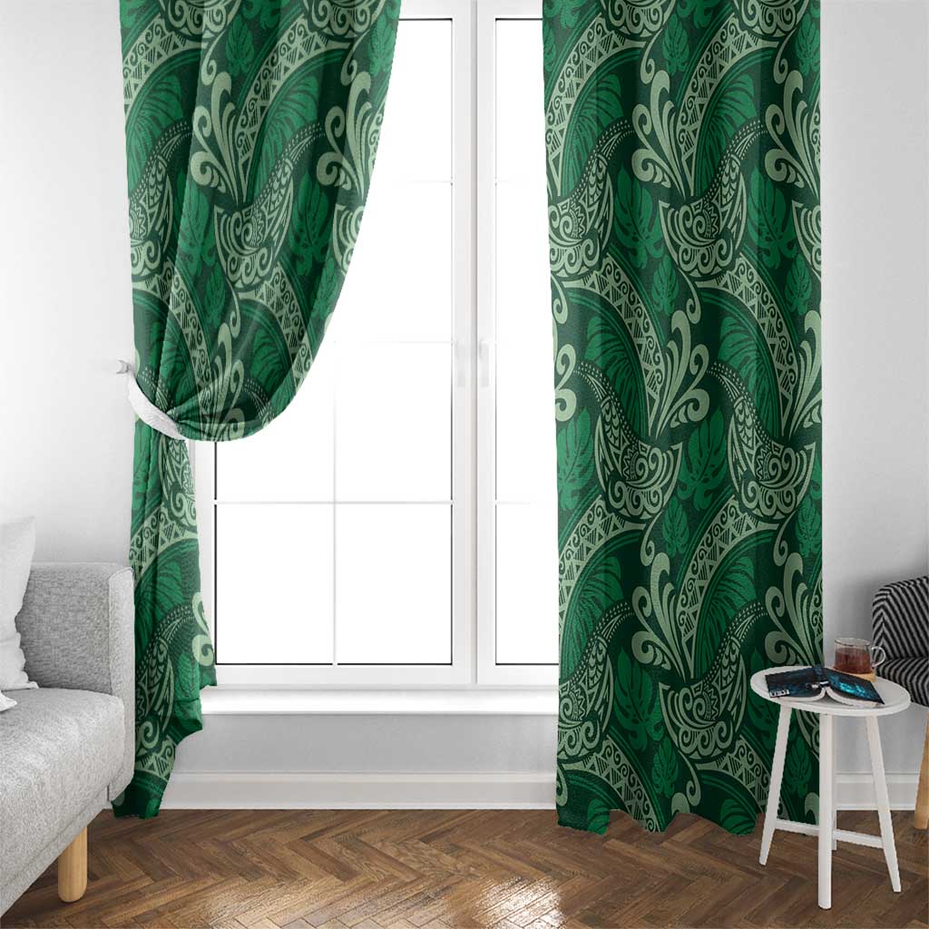 Forest Green Monstera Window Curtain Polynesian Tribal Pattern - Polynesian Pride