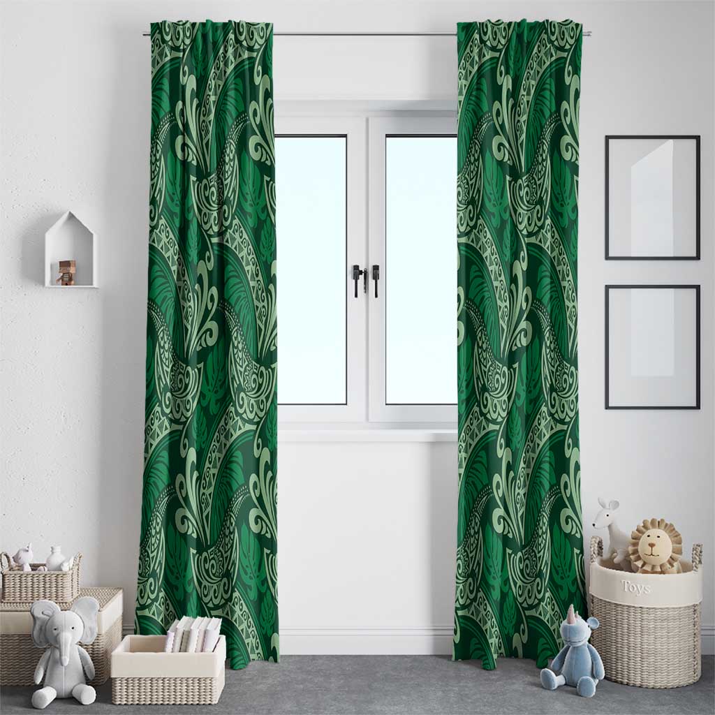 Forest Green Monstera Window Curtain Polynesian Tribal Pattern - Polynesian Pride
