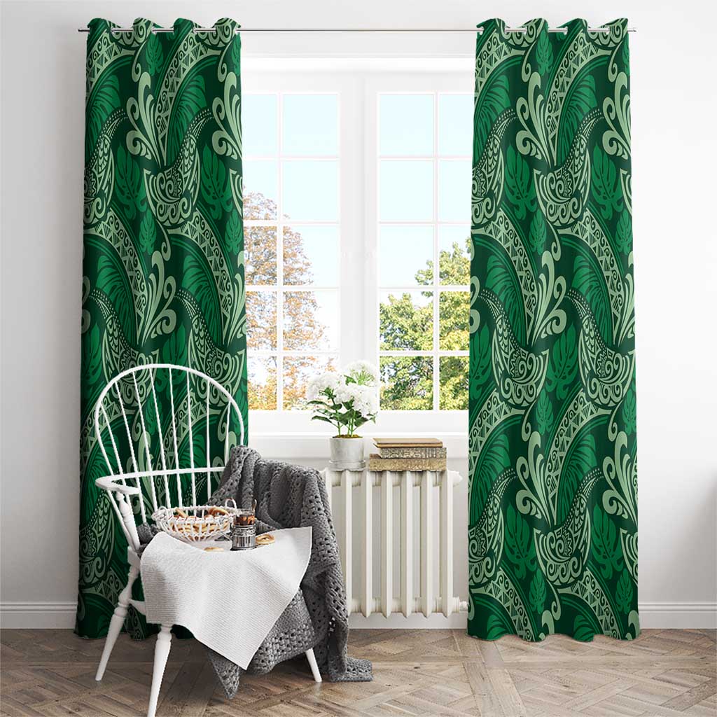 Forest Green Monstera Window Curtain Polynesian Tribal Pattern - Polynesian Pride