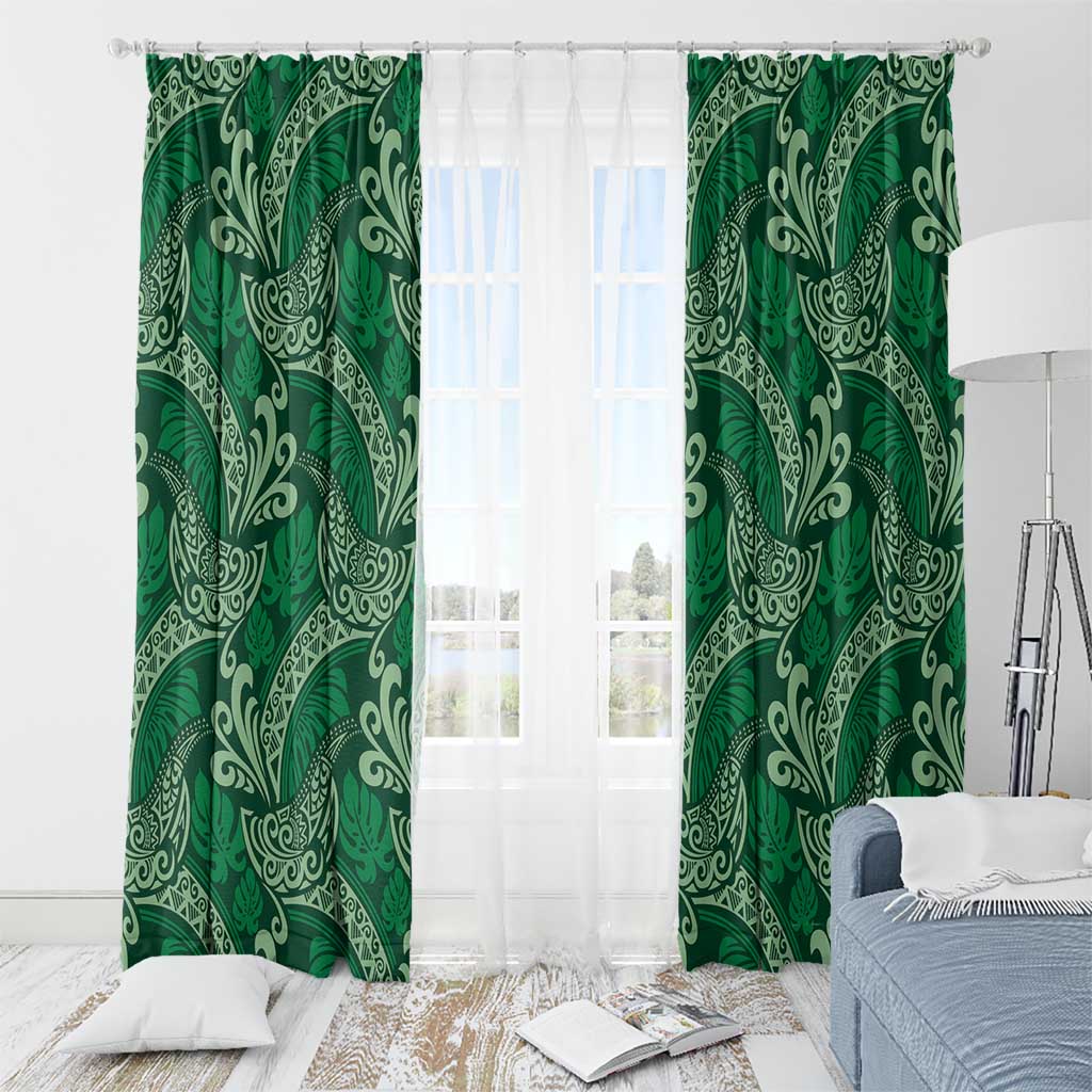 Forest Green Monstera Window Curtain Polynesian Tribal Pattern - Polynesian Pride