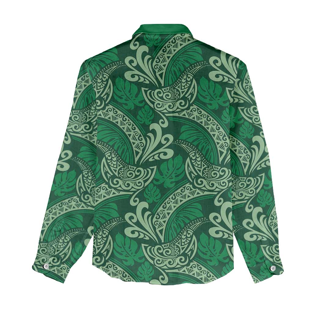 Forest Green Monstera Women Casual Shirt Polynesian Tribal Pattern - Polynesian Pride