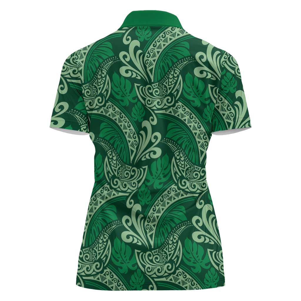 Forest Green Monstera Women Polo Shirt Polynesian Tribal Pattern - Polynesian Pride