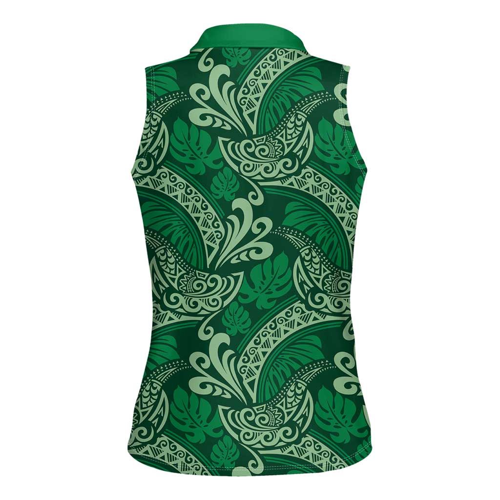 Forest Green Monstera Women Sleeveless Polo Shirt Polynesian Tribal Pattern - Polynesian Pride