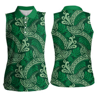 Forest Green Monstera Women Sleeveless Polo Shirt Polynesian Tribal Pattern - Polynesian Pride