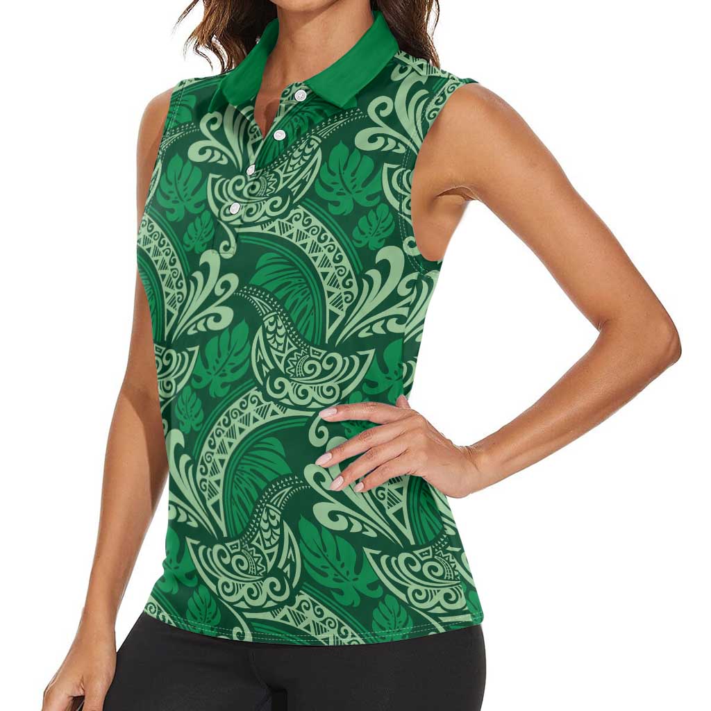 Forest Green Monstera Women Sleeveless Polo Shirt Polynesian Tribal Pattern - Polynesian Pride