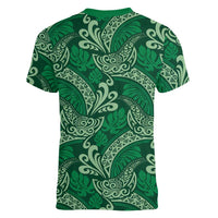 Forest Green Monstera Women V-Neck T-Shirt Polynesian Tribal Pattern - Polynesian Pride