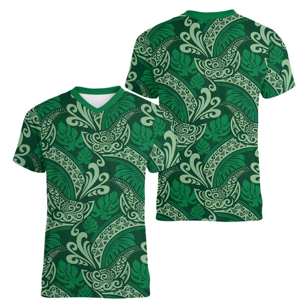Forest Green Monstera Women V-Neck T-Shirt Polynesian Tribal Pattern - Polynesian Pride