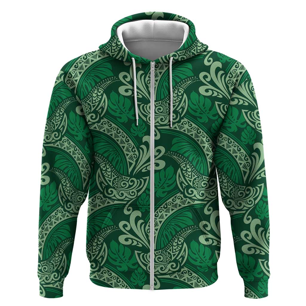 Forest Green Monstera Zip Hoodie Polynesian Tribal Pattern - Polynesian Pride