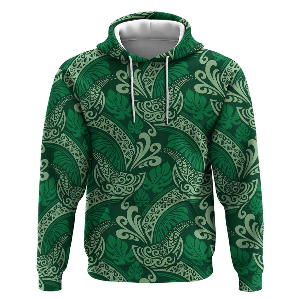 Forest Green Monstera Zip Hoodie Polynesian Tribal Pattern - Polynesian Pride