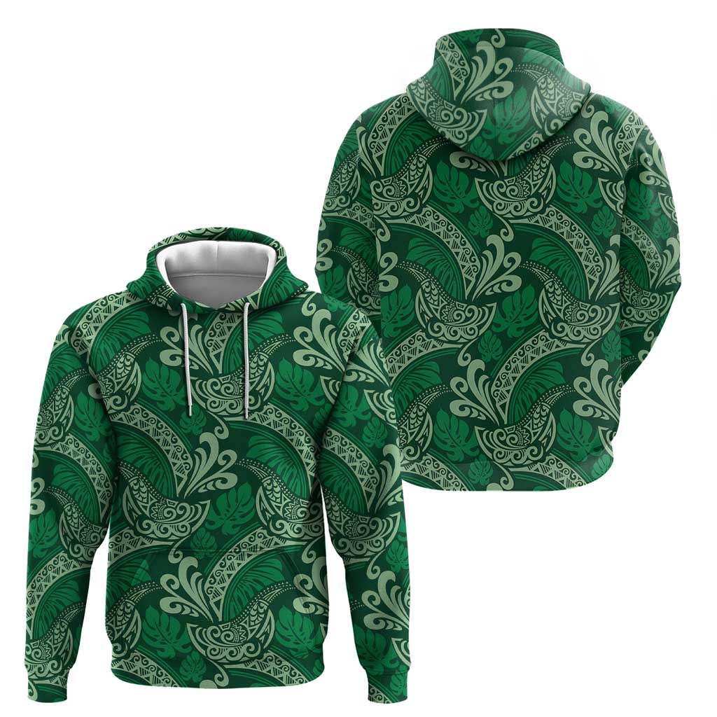Forest Green Monstera Zip Hoodie Polynesian Tribal Pattern - Polynesian Pride