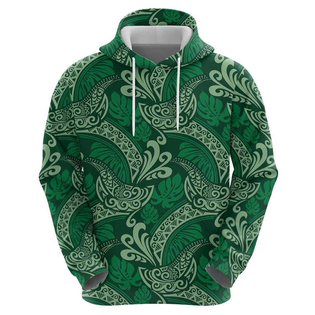 Forest Green Monstera Zip Hoodie Polynesian Tribal Pattern - Polynesian Pride