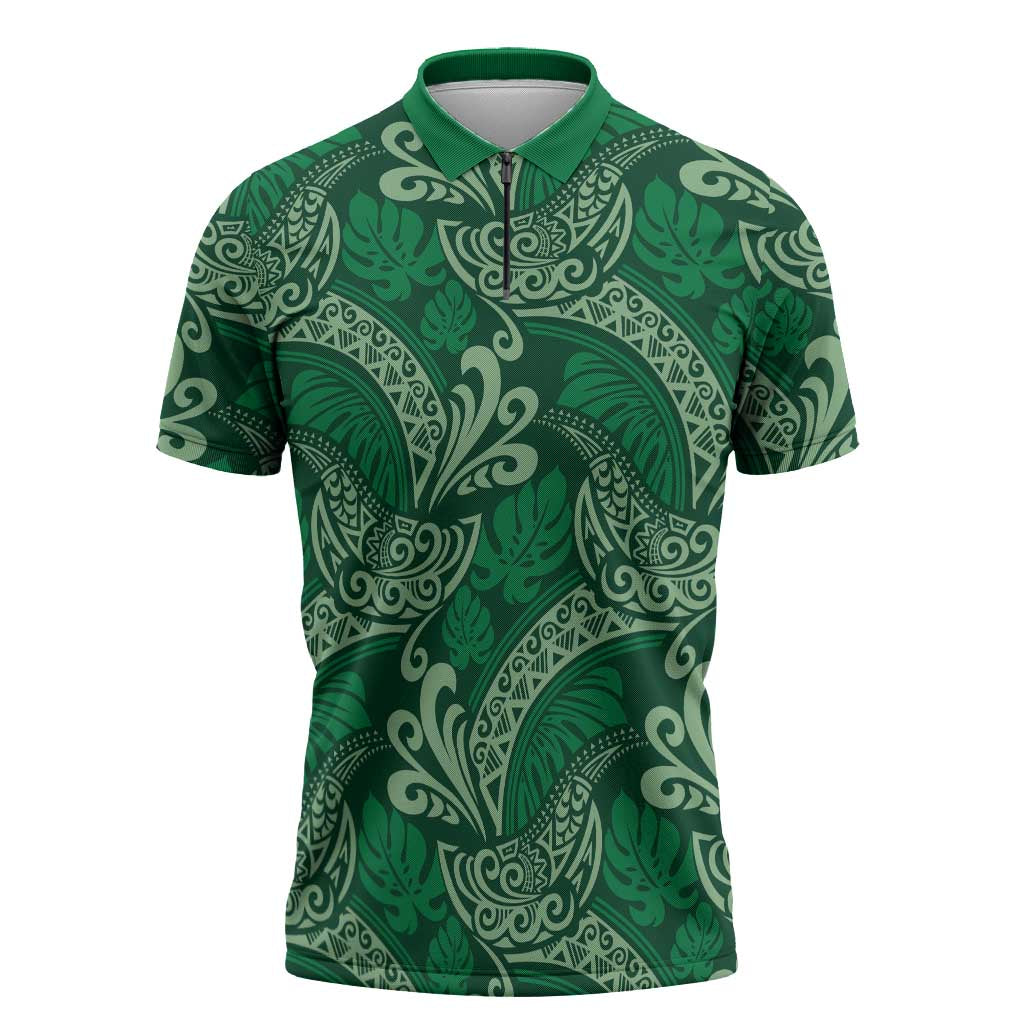 Forest Green Monstera Zipper Polo Shirt Polynesian Tribal Pattern - Polynesian Pride