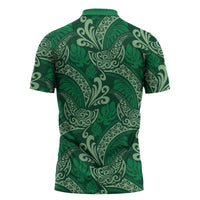 Forest Green Monstera Zipper Polo Shirt Polynesian Tribal Pattern - Polynesian Pride