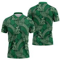 Forest Green Monstera Zipper Polo Shirt Polynesian Tribal Pattern - Polynesian Pride