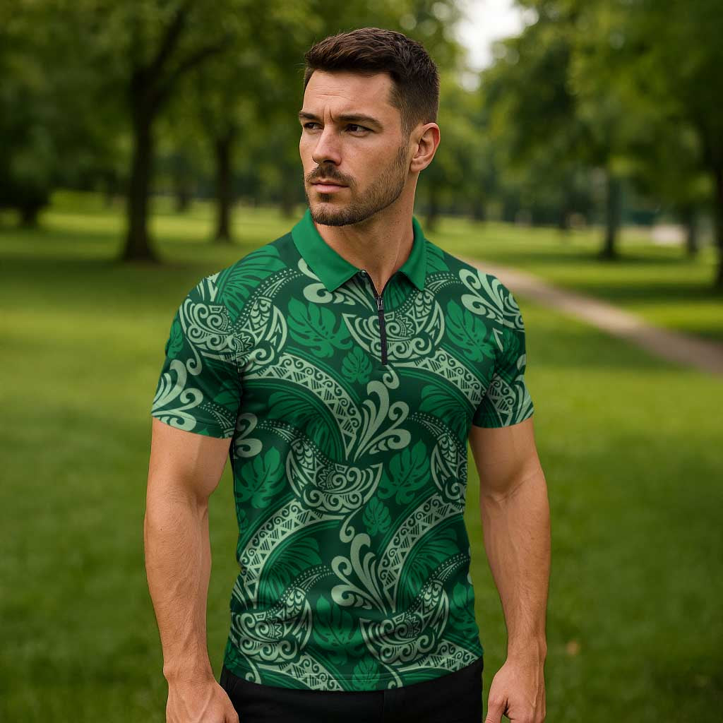 Forest Green Monstera Zipper Polo Shirt Polynesian Tribal Pattern - Polynesian Pride