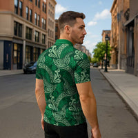 Forest Green Monstera Zipper Polo Shirt Polynesian Tribal Pattern - Polynesian Pride