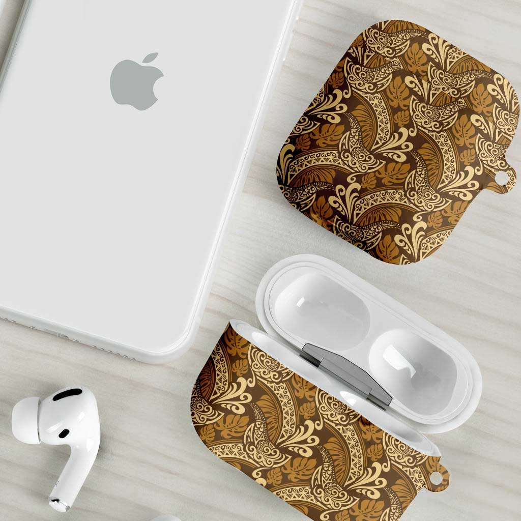 Brown Gold Monstera AirPods Case Polynesian Tribal Pattern - Polynesian Pride