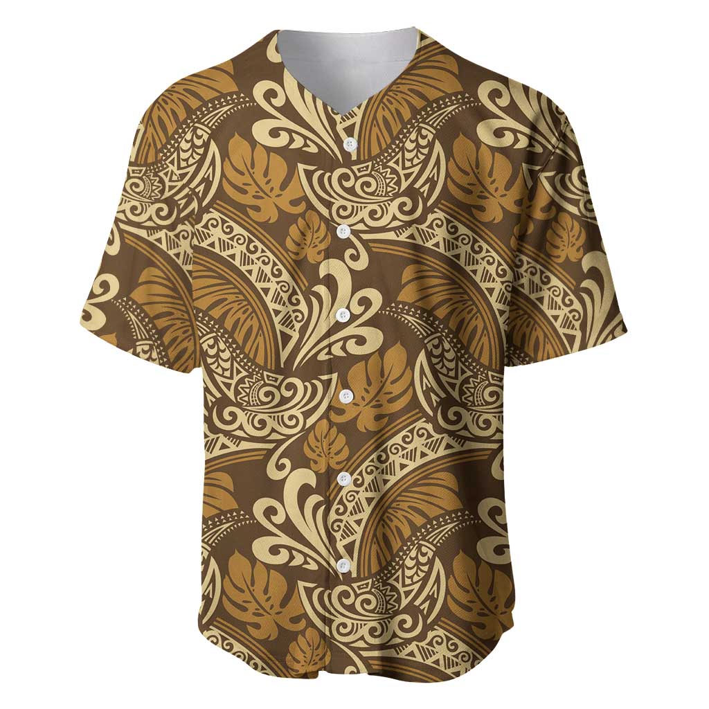 Brown Gold Monstera Baseball Jersey Polynesian Tribal Pattern - Polynesian Pride