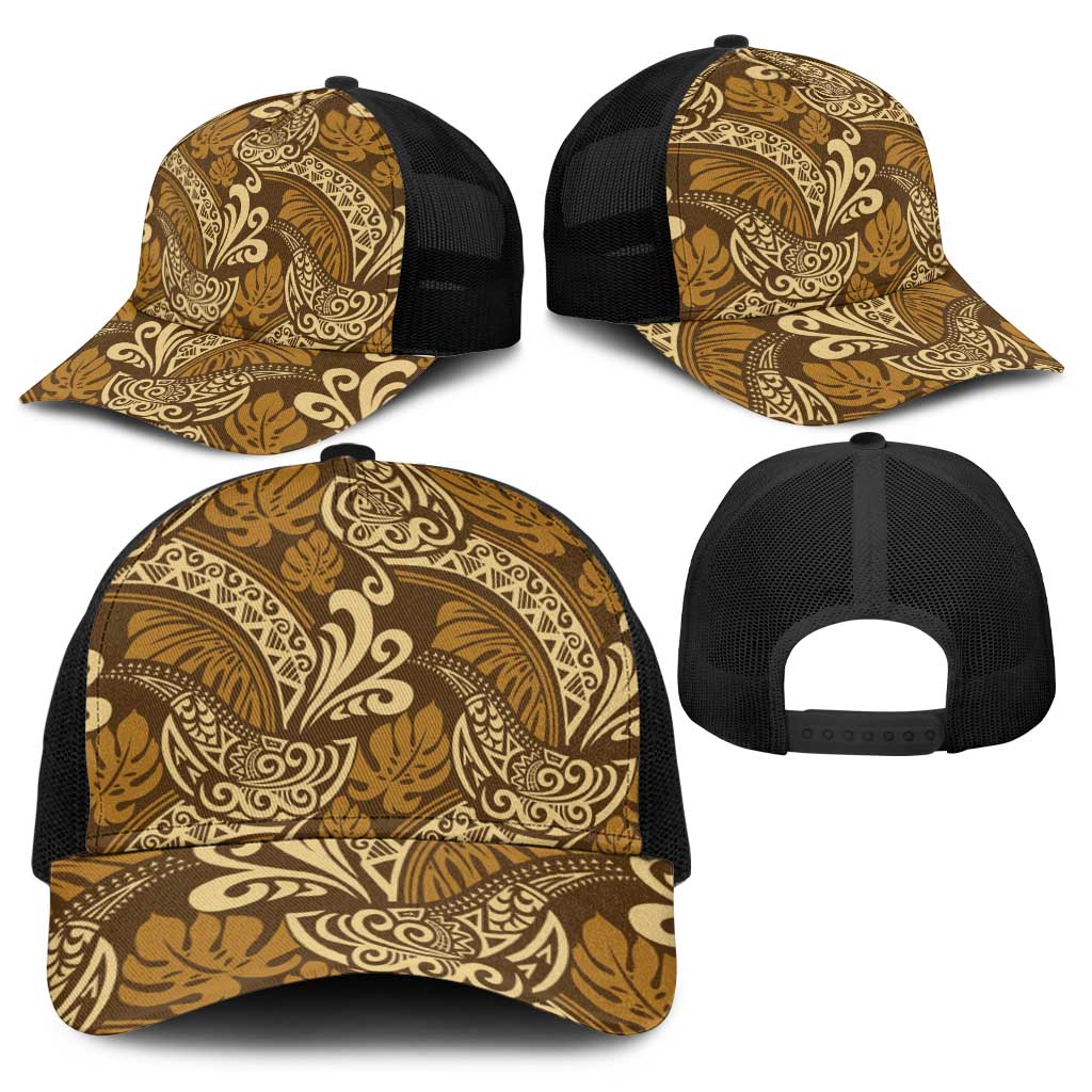 Brown Gold Monstera Baseball Net Cap Polynesian Tribal Pattern - Polynesian Pride