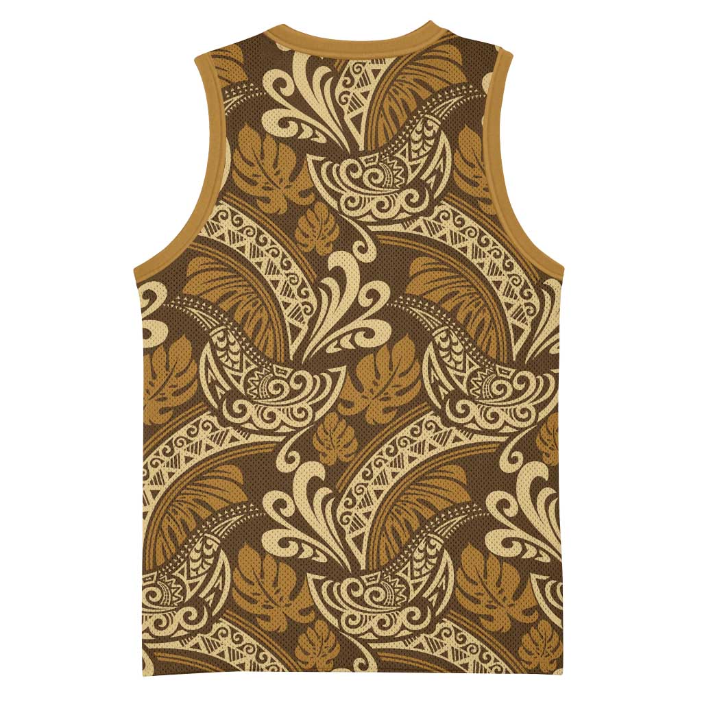 Brown Gold Monstera Basketball Jersey Polynesian Tribal Pattern - Polynesian Pride