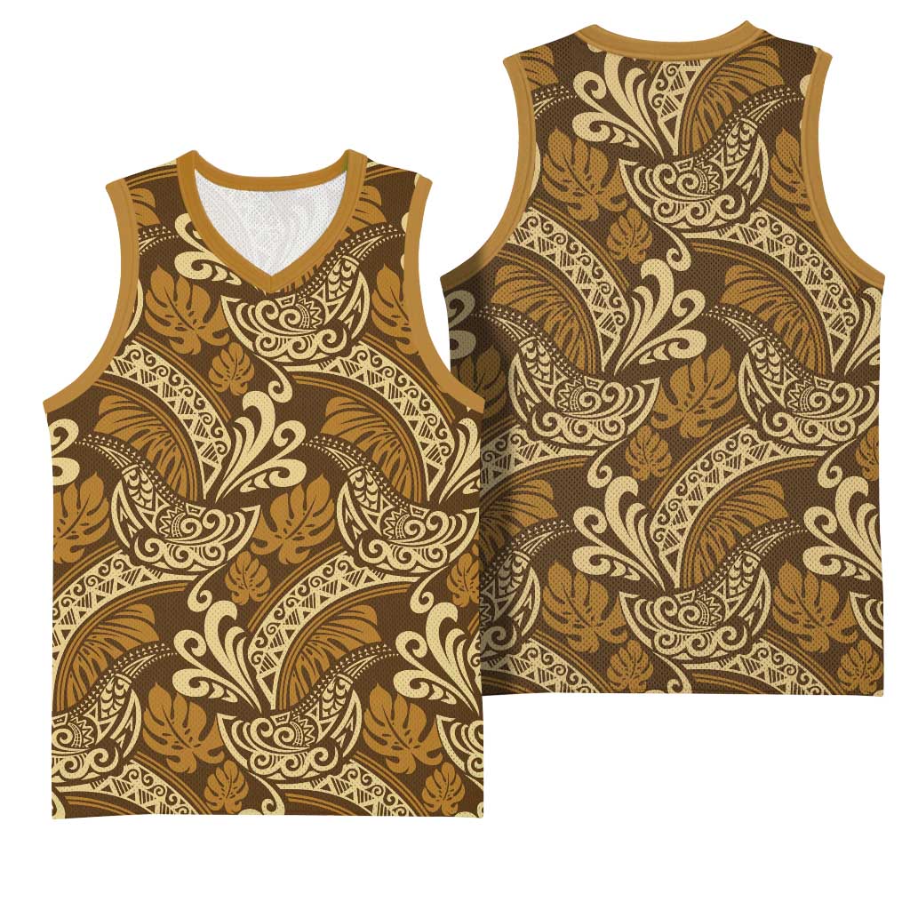 Brown Gold Monstera Basketball Jersey Polynesian Tribal Pattern - Polynesian Pride