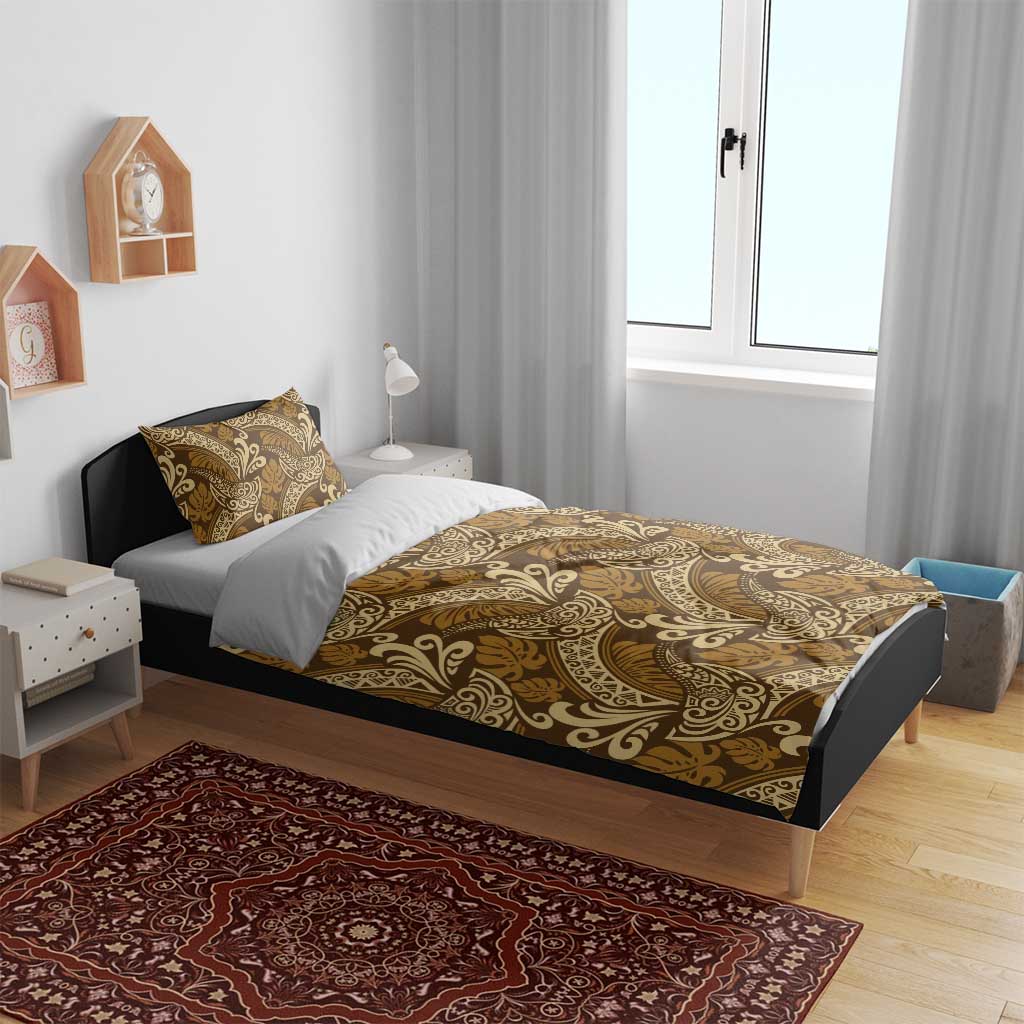 Brown Gold Monstera Bedding Set Polynesian Tribal Pattern - Polynesian Pride