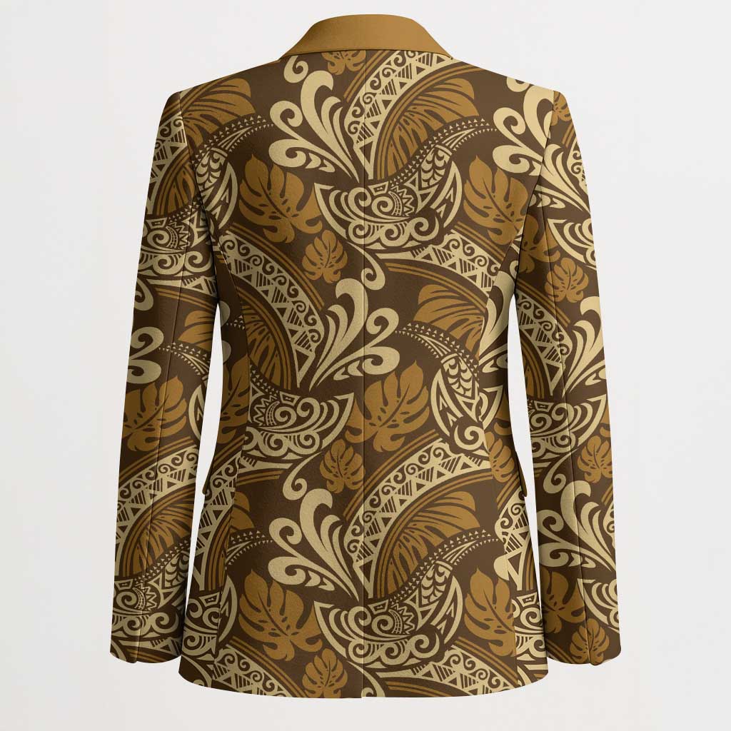 Brown Gold Monstera Blazer Polynesian Tribal Pattern - Polynesian Pride