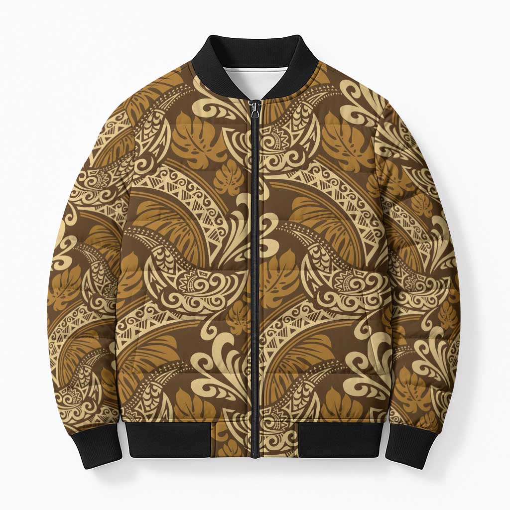 Brown Gold Monstera Bomber Puffer Jacket Polynesian Tribal Pattern - Polynesian Pride