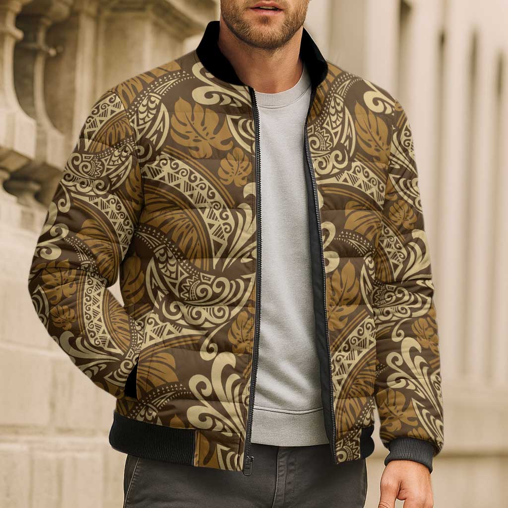 Brown Gold Monstera Bomber Puffer Jacket Polynesian Tribal Pattern - Polynesian Pride