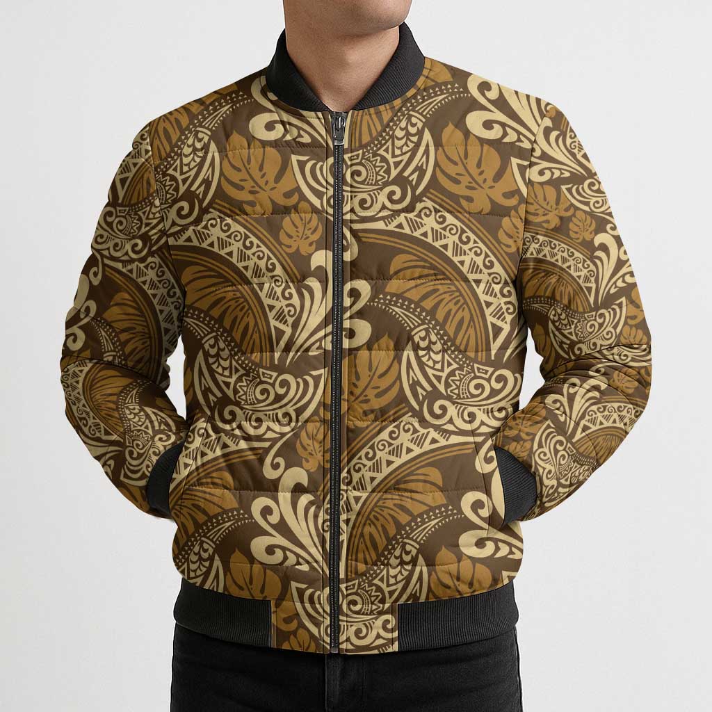 Brown Gold Monstera Bomber Puffer Jacket Polynesian Tribal Pattern - Polynesian Pride