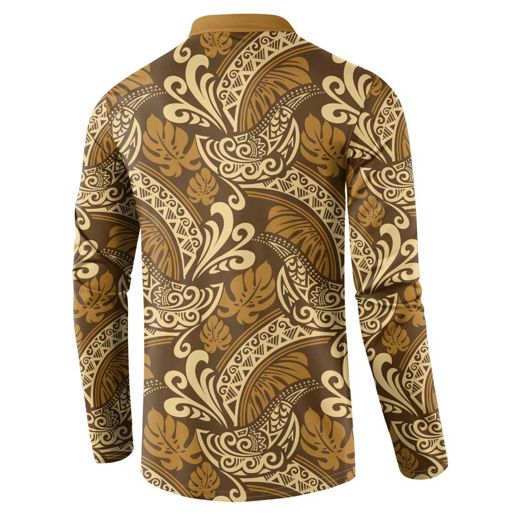 Brown Gold Monstera Button Sweatshirt Polynesian Tribal Pattern - Polynesian Pride