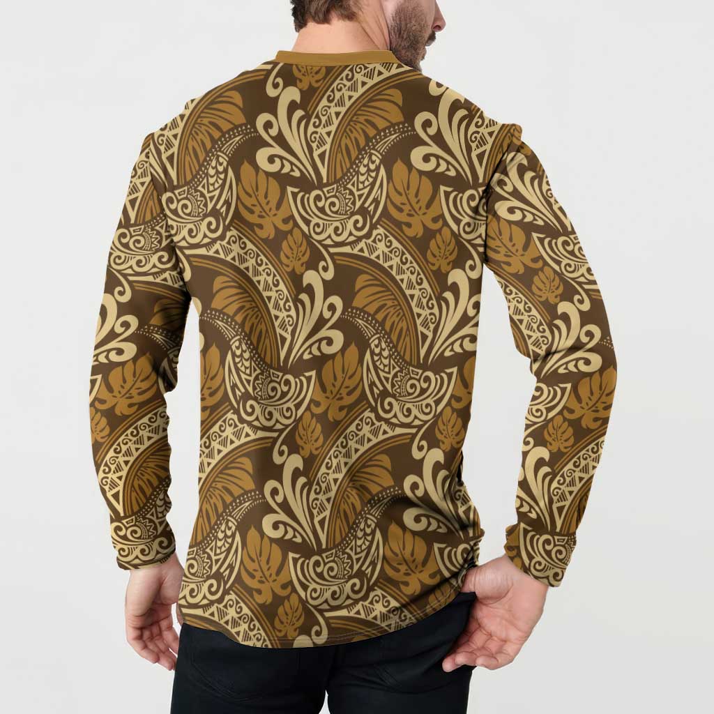 Brown Gold Monstera Button Sweatshirt Polynesian Tribal Pattern - Polynesian Pride